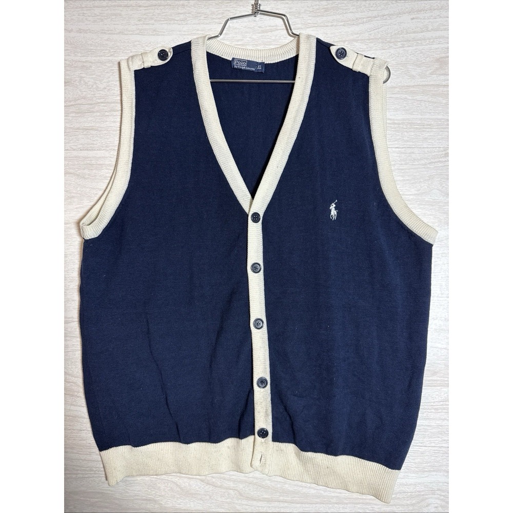 VTG  Polo Ralph Lauren knit sweater Blue & White V Neck Button Up Sz XL